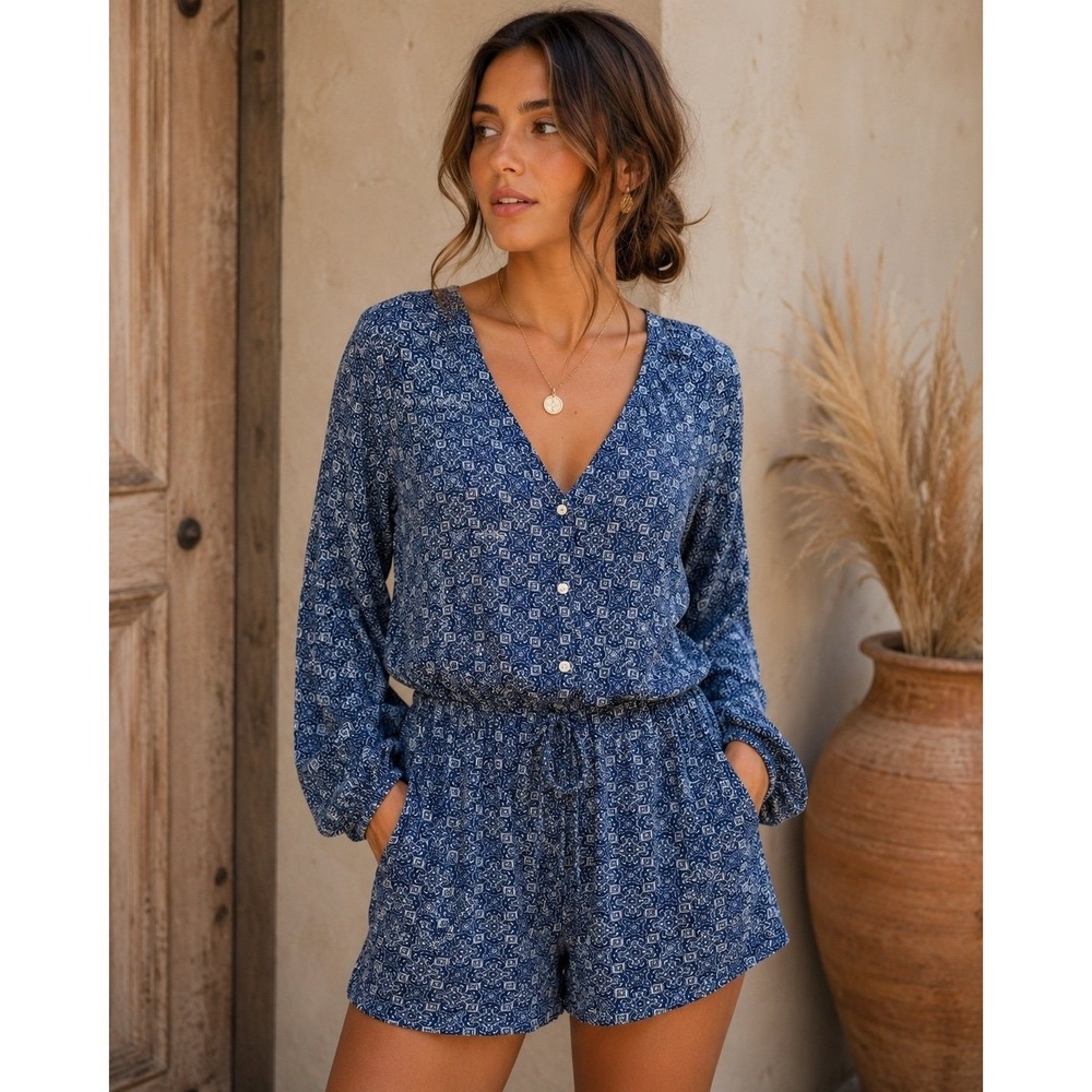 GAP Women's Small Blue Boho Paisley Long Sleeve Button Front Romper